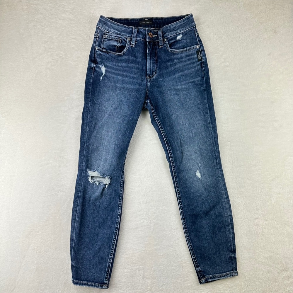 Silver Jeans Avery Womens Skinny Crop W27 L26 Blue Distressed Denim Cotton Blend
